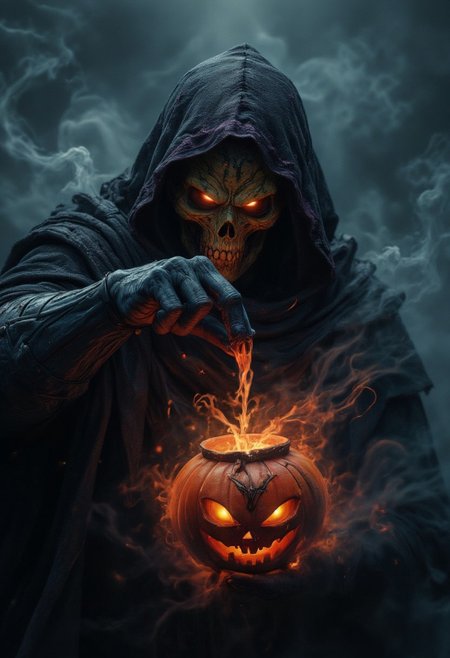 horror show, monster, nightmare, fear, Cinematic style
"A dark, hooded figure stands in the midst of thick fog. Eyes glowing with shellfire, looking at the viewer. His face is covered in shadow, but from beneath the dark purple hood, a vicious yellow skull can be seen, twisted with malice. A  blue-skinned hand reaches black clawed fingers forward holding a scary Halloween pumpkin, light from the pumpkin illuminates Skeletor's face from below. Magical energy swirls around him, like smoke, poisoning the air with an ominous aura. This creature is the embodiment of evil, he is a creature of deep nightmares, guarding the secrets of an ancient curse."