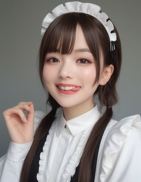 score_9, score_8_up, score_7_up, high quality, masterpiece,
Hight detail RAW color photo, professional photograph, 
Cinematic Light, (Composition from the waist up),
japanese girl with Pigtails hair, cute idol, Brown eyes, evil grin,
She is wearing a maid outfit with frills,
sticking out side tongue, peromilk <lora:peromilk:0.8>