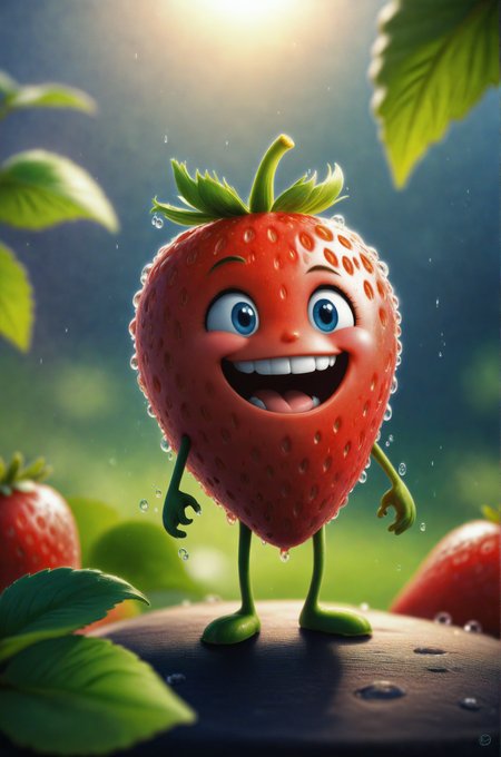 ((masterpiece:1.3,concept art,best quality)),very cute appealing anthropomorphic strawberry,looking at the viewer,big grin,happy,fruit,berry,droplets,macro,sunlight,fantasy art,dynamic composition,dramatic lighting,epic realistic,award winning illustration