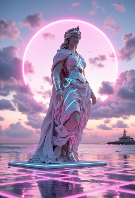 A towering statue of Athena in full vaporwave style, her armor made of chrome and glowing pastel colors. Behind her, a digital sun slowly rises in a gradient sky of pink and purple, casting long, reflective beams across a landscape of neon grids and shimmering water.