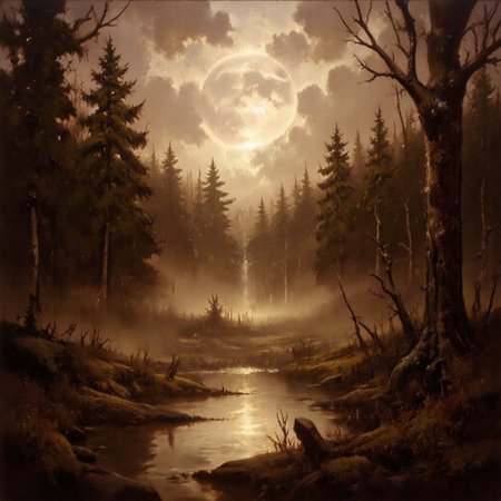 Dark-Fantasy-Cardd-V.2.0 style dark fantasy oil painting with detailed eyes that features The forest scene transforms into a hauntingly serene landscape, rendered in sepia tones and infused with a mystical, nocturnal atmosphere. The towering evergreen trees now appear as dark silhouettes against a glowing sky, with the clouds replaced by a large, full moon that bathes the entire forest in a soft, ethereal light. The mist that once covered the forest floor is now enhanced, swirling with a ghostly quality, reflecting the moonlight in shimmering pools. Shadows stretch long across the ground, adding depth and a sense of quiet isolation. The patches of sunlight are replaced by faint glimmers of starlight, which gently twinkle above, creating a peaceful yet eerie mood. The entire forest feels timeless and ancient, as if wrapped in a quiet, dreamlike stillness, where each tree and blade of grass is touched by the soft glow of the night, evoking an otherworldly calm.