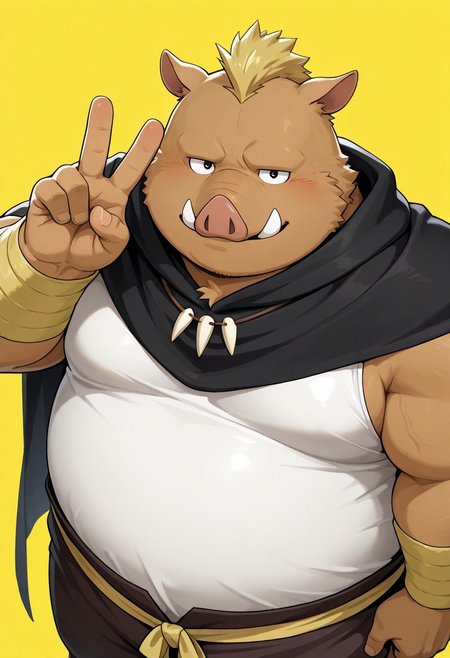 G3ld, solo, 1boy, 2d, cartoon, yellow background, anthro, male, wild boar, brown fur, short ears, wild boar face, fat, chubby, black eyes, tusks, overweight, tick arms, short yellow hair crest, black cape, white tank top, yellow sash tied at the waist, yellow wristbands on both arms, tooth necklace, dark brown pants, simple black boots, BREAK peace sign, hand gesture, from above, high sngle, upper body focus, looking at viewer, half eyes closed, smile