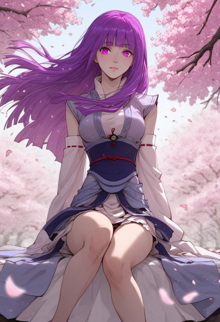 safe_pos, (score_9, score_8_up, score_7_up), 
yeziyun, 1girl, purple eyes, purple hair, long hair, bangs, blunt bangs, breasts, slender, cute, detached sleeves, sash, blurry, 
((intricate background)), contrast, night, sakura petals, wind, cherry blossom, big tree, branches, silhouette, sitting, one extended leg, full body, detailed sky, cinematic lighting, overexposure, fisheye lens, dynamic pose, depth of field, colorful, luminescent particles, vibrant colors, sharp focus