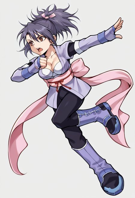 score_9, score_8_up, score_7_up, source_anime, BREAK 1girl, solo, open mouth, standing on one leg, tripping, panic, <lora:zs_OperaOmniaStyleXL:1> operaomniastyle, full body, white background, <lora:SheenaToS-pdxl:1> defSheena, ponytail, hair ribbon, japanese clothes, detached sleeves, fingerless gloves, large breasts, cleavage, white bra, obi, pink bow, black pants, purple boots
