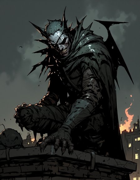 Ev Ganin style. This is a digital drawing in a dark, gritty comic book style. The subject is a menacing figure with a bat-like appearance, perched atop a rooftop under a stormy sky. The character has dark, almost black skin and is wearing a dark, armored suit with intricate, jagged designs that suggest a blend of bat wings and armor. The suit has a rough, rugged texture with visible cracks and wear. <lora:Ev_Ganin:1.0>