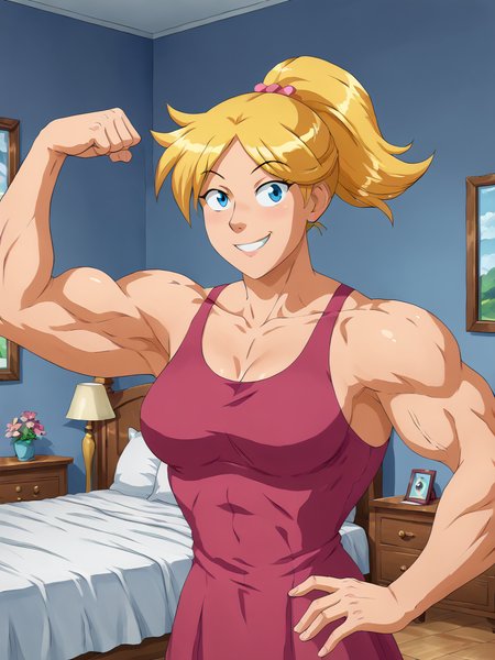 core_9, score_8_up, score_7_up, BREAK, M0sc0l4rCl0v3r, 1girl, solo, blue eyes, blonde hair, ponytail, pink dress, muscular female, bedroom, flexing, smile  <lora:Muscular_Clover-000009:1>