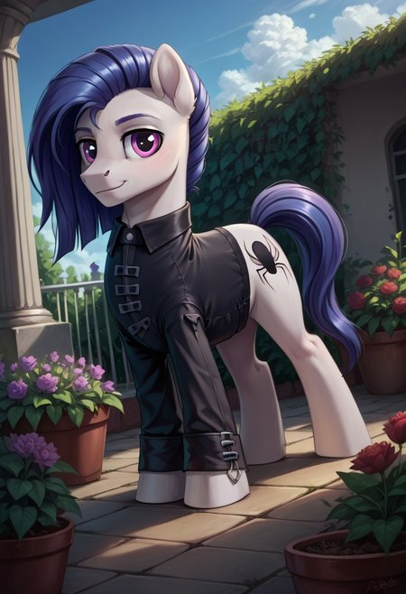 safe_pos, safe_pos, score_9, score_8_up, score_7_up, score_6_up, body light gray,
eyes red,
(mane and tail dark blue,:1.3)
eyelids gray,
earth pony,
man,
long hair,
Funnel Web,

 realistic illustration, dramatic angle, outside, garden, (day), , solo, pony, my little pony,  body, shiny skin,  looking at you, happy playful, cheerful dramatic 
solo