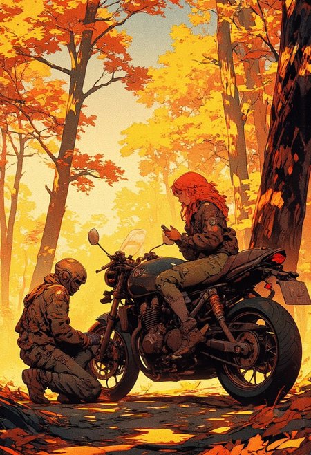 A warm autumn scene set in a dense forest bathed in golden sunlight, with leaves drifting gently through the crisp air. Two young women with adventurous spirits take a break with their sleek black motorcycle on a secluded forest path. One woman, with long red hair, sits casually on the bike, checking her phone, while the other, wearing a motorcycle helmet, kneels to inspect the bike’s rear wheel. The golden hues of the foliage contrast beautifully with the dark tones of the motorcycle and the deep shadows cast by the towering trees. The atmosphere is tranquil and cinematic, with soft light filtering through the trees, creating a nostalgic and peaceful mood. Digital painting with rich details, stylized brushstrokes, and a cozy autumnal color palette.
,  anime, cyberpunk