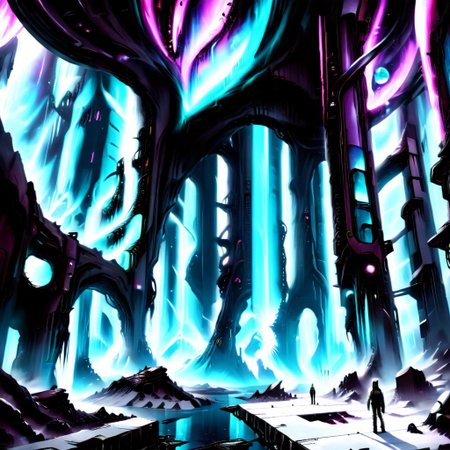 sprawling cosmic colorscapes dystopian brutalist architecture of massive scale depicting the bleek existence of future humans, blomm xl!, manga, manga style, industrial pipe, science fiction, cyberpunk, silent comic, high quality, high resolution psychedelic alien worlds