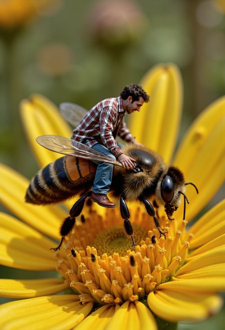 tilt shift photography, closeup, raw photo, a miniature  man with a look of excitement on his face riding on the back of a bumblebee as if riding a horse, flying over a flower
