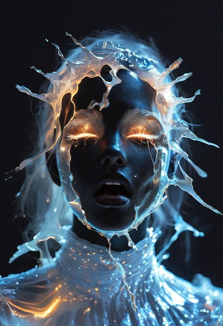 score_9, score_8_up, score_7_up, The shards are predominantly silver with hints of gold, blue, and pink, creating a mesmerizing, multi-colored effect that reflects light in a kaleidoscopic manner. The face is abstract yet recognizable, with closed eyes, a slightly open mouth, and a serene expression. The shards are arranged to form the contours of the face, including the nose, cheeks, and jawline, with some pieces overlapping and others protruding. BREAK, The image is a high-resolution photograph of a person's face, taken in a dramatic, almost surreal style. The subject is a woman with black hair, a fair complexion and striking features. Her body is covered with a black translucent fabric that drapes over her shoulders, creating a ghostly, ethereal effect, which contrasts sharply with the black skin and the black film, white tears, crying, black background