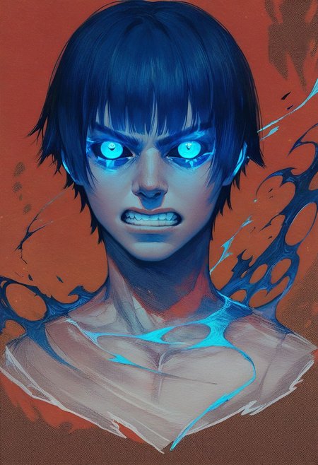 score_9, score_8_up, score_7_up, score_6_up, VitWaterStyle, detailed drawing, 1boy, male focus, short hair, teeth, solo, bangs, black sclera, veins, colored sclera, glowing, blue eyes, clenched teeth, upper body, glowing eyes, mutant, muscular