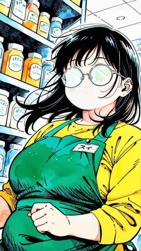 1girl, (plump face:1.4), round eyewear, (watercolor effect:1.5) (millipen \(medium\):1.4),  (no mouth:1.5), high quality,  detailed, (reflective glasses:1.5), opaque glasses, (linear hatching:1.4), green apron, yellow shirt, name tag, shop, dynamic angle, detailed background, short black hair, floating hair, emphasis lines, motion blur, limited palette, (sakamoto days:1.6),