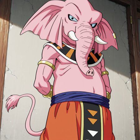 2d, solo, 1boy, Rumsshi, male, furry, furry male, elephant, animal ears, pink body, pink tail, blue sclera, black eyes, tusks, white fingernails, golden bracelets, Golden armlets, Golden earring, orange baggy pants, dark blue sash belt, brown shoes, Egyptian clothing

BREAK upper body focus, hands behind back, looking at viewer, 

BREAK best quality, amazing quality, very aesthetic, absurdres, newest, masterpiece, high quality