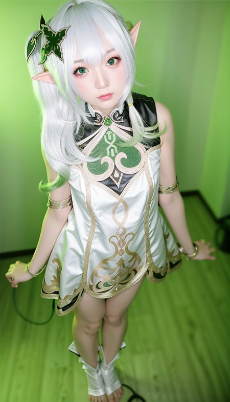 full body,  (photo realistic:1.35),(ulzzang-6500:0.65), masterpiece, best quality, detailed, pointy_ears, elf, green_background, 1girl, solo, hair_ornament, green_eyes, long_hair,bandages,