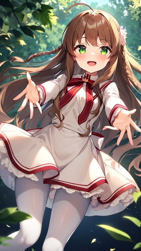 masterpiece,best quality,very aesthetic,absurdres, <lora:XL kanbe_kotori:1>,1girl,kanbe_kotori,solo,Standing on the ground,frontal,front view,Positive por,masterpiece,best quality,very aesthetic,absurdres, kanbe_kotori, 1girl, solo, school uniform, flower, ahoge, pantyhose, smile, white pantyhose, frills, looking at viewer, open mouth, outstretched arms, leaf, wind, standing, thighhighs, reaching