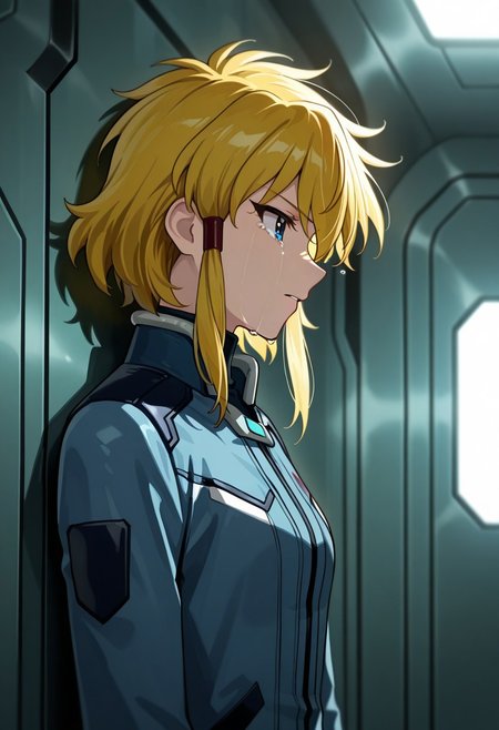masterpiece, best quality, 32k, high resolution, absurdres, sara werec, teeth, pilot suit, long sleeves, jacket, tears, profile, serious, expressionless, indoors, turtleneck