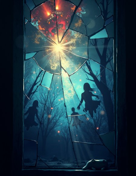 Create a panel of broken stained glass, with jagged pieces scattered across the image, The scene depicted within the shattered glass is terrifying â maybe a ghost, a monster, or a chaotic, overwhelming landscape, Light filters through the broken glass, creating rainbows and splintered patterns, Some of the refracted light creates unexpected images in the cracks, Use a limited color palette to emphasize the eerie, glowing qualities of the horror scene, The overall effect should be unsettling and mesmerizing, drawing the eye in to discover impossible images, , (&:0)