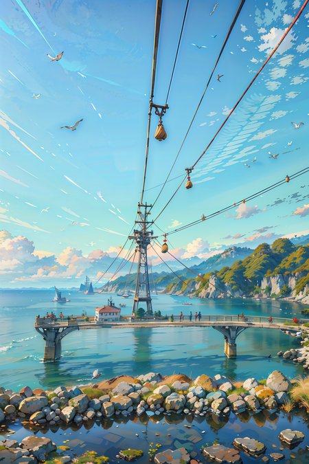 (masterpiece:1.3),(best quality:1.3),highres,vivid_color,colorful,ultra-detailed,masterpiece,extremely detailed CG unity 8k wallpaper,best quality,scenery,outdoors,<lora:Detailed_Places_R-128_v1:0.7>,scenery,outdoors,sky,water,bird,ocean,blue sky,building,watercraft,rock,cable car,viewing deck,