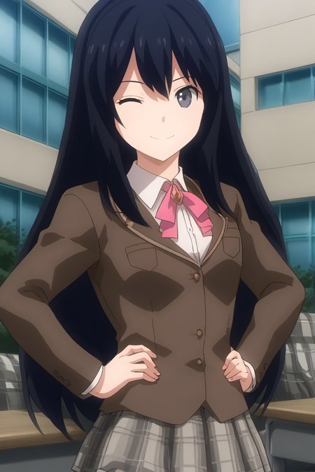 1girl, solo, ayamenb, black hair, long hair, black eyes, brown blazer, white shirt, pink ribbon, neck ribbon, grey skirt, plaid skirt, school uniform, outdoors, school, campus, standing, cowboy shot, hands on hips, wink, smile
