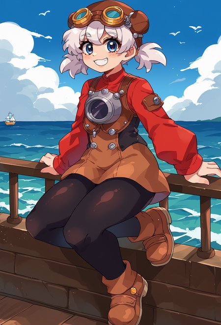 score_9, score_7_up, source_anime, BREAK solo, <lora:Pratty_XL:1> Pratty, blue eyes, short hair, white hair, short twintails, hair through headwear, goggles, brown headwear, red shirt, short over long sleeves, black long sleeves, red skirt, black pantyhose, leather breastplate, brown footwear, smile, ocean, shore, against railing,  <lora:Momoiiroo_Art_Style_PonyXL:1> momoiiroo,