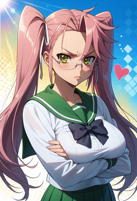 score_9, score_8_up, score_7_up, 1girl, solo, looking at viewer, anime coloring, upper body, close-up, portrait, mature female, 
<lora:Saya_Takagi_Dwnsty:0.8>, saya_takagi, pink hair, brown eyes, long hair, twintails, glasses, hair ribbon, school uniform, serafuku, green skirt, pleated skirt, black bowtie, long sleeves,
lips, large breasts, skindentation, double v, annoyed, blush, crossed arms, 
sunlight, abstract background, argyle background, rainbow, heart, 
 <lora:Hotd_Artstyle_Dwnsty:0.7>