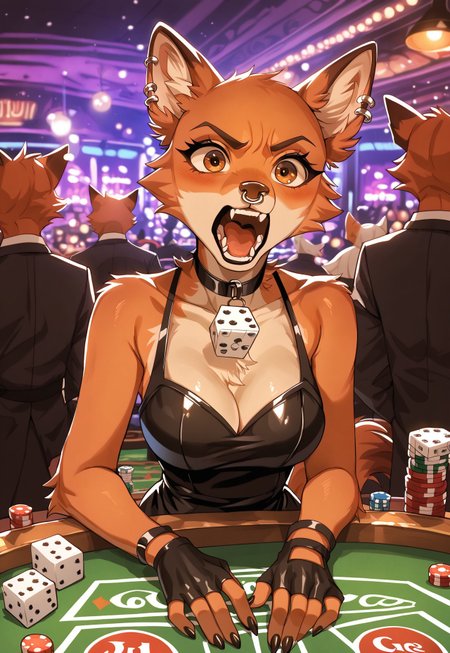 safe_pos, score_9, score_8_up, score_7_up, score_6_up, score_5_up, source_furry, furry, fur, flurry, solo, portrait, 
BREAK 1girl, ((solo:1.8,)) sitting in casino table playing games, white exclamation mark, Foxy_Liars_Bar, orange fur, two tone fur, brown eyes, nose piercing, ears piercing, fingerless gloves, black stockings, black dress, paws, tr1ck0rtr3at, black fingernails, punky, casino games, spotlight, ((holding casino dice1:2, white dice,)) open mouth, shouting, gambling, cleavage, medium breasts, (black clothes:1.2), aggressive sexy expression, 
BREAK casino, casino table, poker night, offscreen male holding playing cards, casino chips, ((colorful, fantastic lights and shadows:1.2, post processing))

