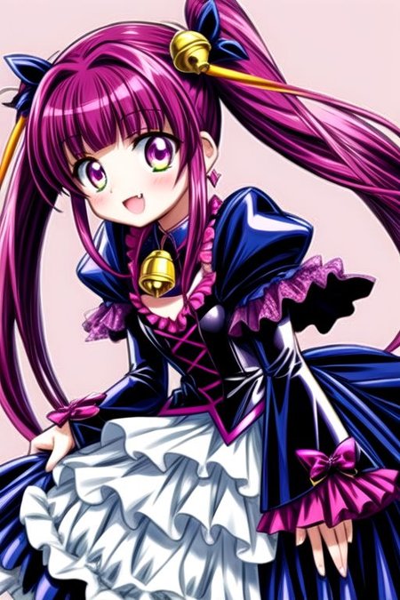 Bad_End_Precure, DarkPrecure, evil corrupted princess wearing dark pastel (ruffled:1) (gleaming latex:1) gown with (long latex vampire cloak:1) and (long frilly bell sleeves), soft lighting, ruffles, (cute fang:1)
(vmpr:1),
<lora:more_details:1>,