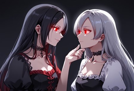 anime, two girls, adult, empty eyes, hypnotized, blank expression, expressionless, chin grab, handfixer, staring at another, looking into eyes, long hair, hair highlights, choker, sexy smile, fancy dress, glowing eyes, red eyes and black eyes