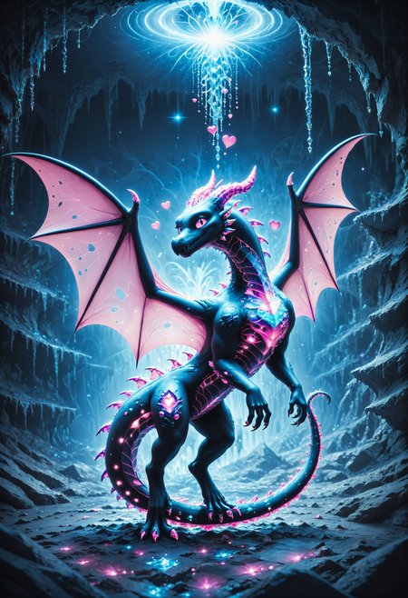 score_9,score_8_up,score_7_up, sorce_real, 8k, hd, a cute creature, mixed of a black dragon and a bat, cute and mischievous, black skin, purple details, neon colored glowing particles in the creatures black skin, black skin with neon pink bioluminescence, cinematic light, looking at viewer, dark, nigh, mysterious atmosphere, floating hearts, flies through a dark stalactite cave at night, bioluminescent icicles on the walls, everything is shrouded in darkness.  <lora:SDXLFaeTastic2400:0.5>, cave by Jed-Cosmos  <lora:Jed-Cosmos-sdxl:1>  <lora:ral-swarcrystl-sdxl:0.8> multicolored gemstones made of ral-swarcrystl