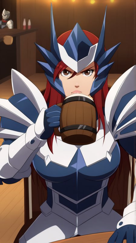 masterpiece, best quality, very aesthetic, absurdres, BREAK, 1girl, looking at viewer, cowboy shot, 
<lora:Adamantine_Erza_Illu_Dwnsty:0.8>,erz_adamantine, brown eyes, red hair, long hair, armor, helmet, full armor, gauntlets,
large breasts, lips, serious, angry, sitting, on chair, holding mug, beer mug, drinking, 
indoors, tavern, wooden floor, bar,
