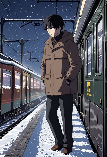 Highres, Masterpiece, High Quality, 4K, 8K, solo, 1Boy, Takaki Toono, adult, black hair, short hair, casual, snow jacket, train station, stuck train, blizzard, night, easynegative, detailed_eye_model