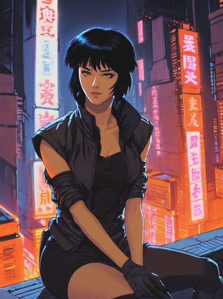 masterpiece, best quality,
 <lora:gits_style:0.6>,
gits95,
, solo, gloves, fingerless gloves, 1girl, short hair, black hair, sitting, retro artstyle,cyberpunk city backround,night,glow,neon,natural light,detail shadow