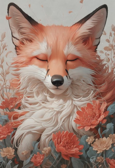Score_9, score_8_up, score_7_up, score_6 
(dim lighting, light particles, highres, closed_mouth:1.4, absurdres) 
Fl0ralD0lls solo, closed eyes, flower, artist name, signature, no humans, animal, leaf, white flower, fox, sleeping, plant, red flower, pink flower, yellow flower, realistic, animal focus, orange fur, whiskers