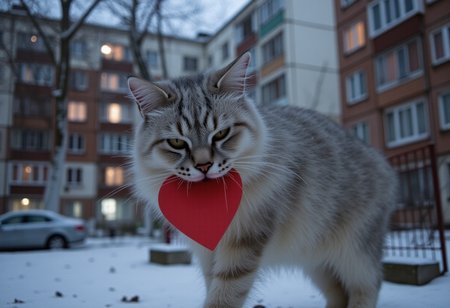 cinematic photo Winter evening, light from the windows of houses. The cat is carrying a small card in the shape of a red heart in its teeth. post-soviet, panel building, panelki, . 35mm photograph, film, bokeh, professional, 4k, highly detailed