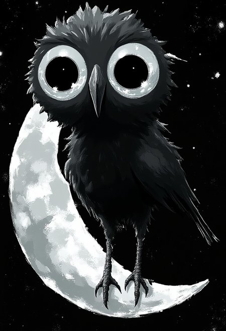 A whimsical illustration of a polygonal raven with an impossibly oversized geometric head in monochromatic black and white, perched on a crystalline crescent moon composed of sharp angular facets, digital painting where crisp geometric structures blend with expressive ink-like brushstrokes, featuring stark white light emanating from within the raven's prismatic form, starlit cosmic background reduced to precise white dots against deep black space, characteristic Tim Burton inspired design with enormous eyes rendered as gleaming silver orbs that pierce through the darkness, creating a dreamy contrast where mathematics meets gothic whimsy with no color to distract from the dramatic silhouettes