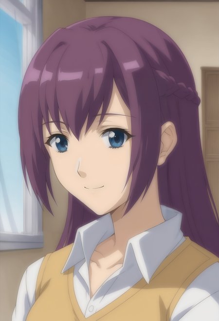 <lora:Asuha_Hare_Nanaka-Girls_Bravo:0.7>,1girl,solo,Asuha Hare Nanaka,purple hair,long hair,braid,blue eyes,anime coloring,shirt,upper body, looking at viewer, smile,indoors