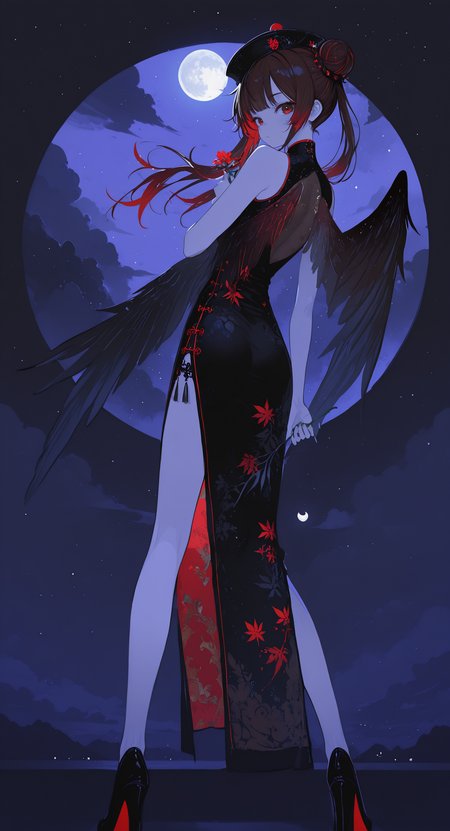 masterpiece, best quality, good quality, very awa, newest, highres, absurdres, 1girl, solo, long hair, looking at viewer, brown hair, black hair, dress, hat, holding, twintails, standing, full body, flower, multicolored hair, red hair, wings, sky, sleeveless, looking back, cloud, black footwear, hair bun, from behind, black dress, high heels, sleeveless dress, double bun, night, chinese clothes, moon, star \(sky\), night sky, china dress, side slit, starry sky, holding flower, print dress, leaf print, limited palette, h4ra_illu <lora:illustriousXL_stabilizer_v1.23:0.3> <lora:NOOB_vp1_detailer_by_volnovik_v1:0.3> <lora:ponyv6_noobE11_2_adamW-000017:0.3> <lora:114558v4df2fsdf5:0.6> <lora:XXX667:0.4> <lora:mon_monmon2133:0.5> <lora:hara_id_21:0.6>