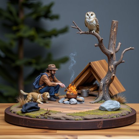 A miniature diorama of a traveler cooking over a campfire in the woods at night. His dog sits beside him and his new friend, an owl, sits on a nearby tree branch. A magical night. <lora:Flux.1_Turbo_Detailer:0.7>, <lora:Diorama_Flux:1>