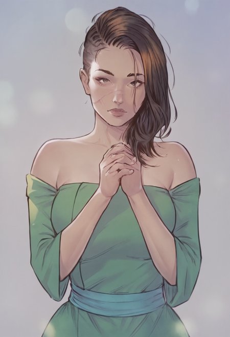 score_9, score_8_up, score_7_up, source_anime, 1girl, large_breasts, mature_female, solo, looking_at_viewer, open_eyes, Standing straight with hands clasped behind, from_behind, Emerald green layered kimono, straight hair, razor-cut, Black hair, rice paddy, cut-in, rating_safe, <lora:pony\artist_styles\tendermindd_pony:1.0>