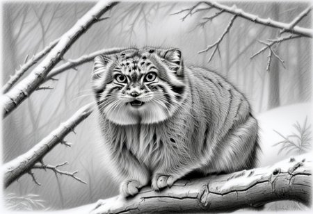 a closeup head shot of an annoyed manul on a branch, Otocolobus manul, looking at viewer, angry, mouth open, background of pines and fir, dead bush, few snowy rocks, snow, light snowfall, tree trunks, Jed-Pen