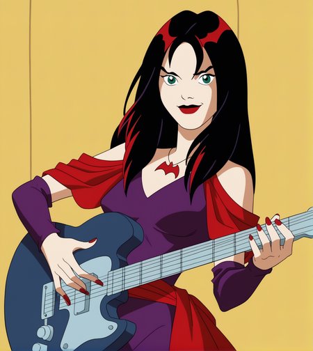 score_9,score_8_up, score_7_up,
hexthorn, 1girl, solo, long black hair with red highlights, 
green eyes, purple dress with red draped sleeves, red bat necklace, 
playing guitar, holding guitar, yellow background, 
retro_artstyle, cartoon, source_cartoon, 1990s_style,
 <lora:Thorn_The_Hex_Girls:.9>