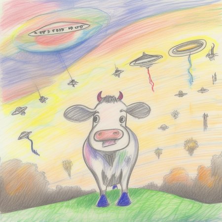 cow, field,( Abduction:1),(cow),(ovni:1) , beam of light,(UFO cow abduction:1.5),starry sky, (night)<lora:crayons_v1_sdxl:1>