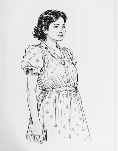 <lora:mig4v:1>, This image is a black-and-white line drawing, likely created with a pen or pencil, of, <lora:Dark_Ghibli:0.8>, masterpiece iconic portrait of pretty mature woman with black hair dressed white summer cotton dress, <lora:dada:0.8>