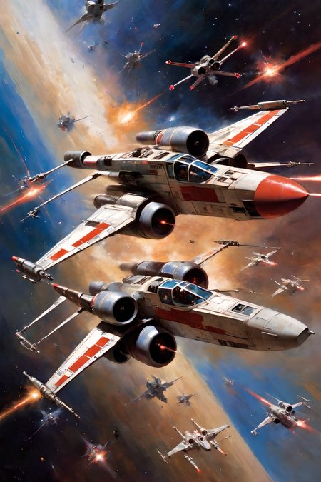 art by john berkey, a masterpiece, stunning detail, a rebellion X-Wing flying through the galaxy, firing red laser missiles, being chased by the empires tie-fighters, 