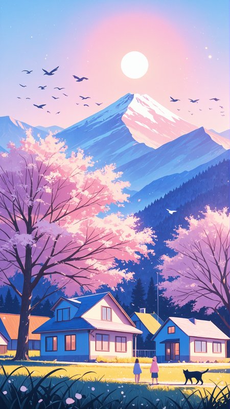 masterpiece, best quality, newest, (realistic face:1.2), rim lighting, pastel colors, real world location, no lineart, 
1girl, sun, house, tree, family, cat, mountain, flying birds, grass,