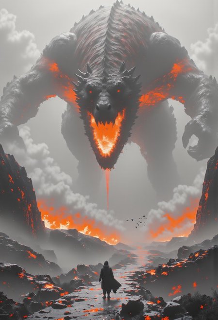 lndscpx, a wide mountain scenery, greyscale with orange Highlights, Misty, deep depth and Long view, neon-mist, a swarm of glitched Neon birds, bosstyle, a towering glitched dragon boss beneath the Milky fog, wide Open mouth, fiery