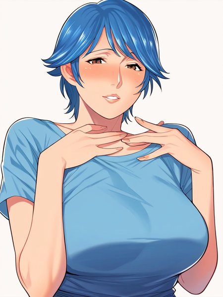 score_9, score_8_up, score_7_up,  
1girl, matsui tk, mature female, blue hair, short hair, large breasts, brown eyes,

blue t-shirt, short sleeves, white background, solo, hands on own chest,
upper body, jeans,
looking at viewer, blush, parted lips,  

