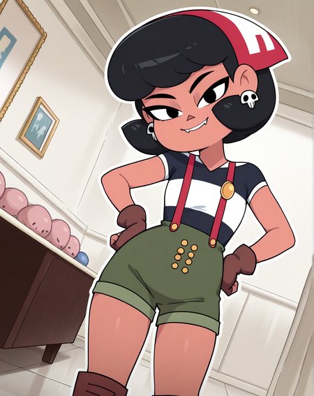 masterpiece, best quality, amazing quality, very aesthetic, absurdres, newest, solo, UmiZYN, 1girl, solo, tan skin, black hair, short hair, fangs, head covering, skull earrings, (overalls, striped t-shirt, dark green pants, shorts, brown boots, fingerless gloves), cowboy shot, looking at viewer, beautiful, ((beautiful face, beautiful eyes)), Wide Hips, Thicks Thighs, Thicc Girl, standing,(smile, dutch angle, Hands on hips,naughty pose, looking at viewer, indoors, elegant room, solo, dynamic pose, full_body, head tilt,),((white background, White frame, white outline))
