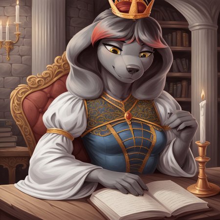 masterpiece, score_9_up, score_8_up, score_7_up, score_6_up, source_furry, (best quality:1.1), ultra-detailed, high resolution, 1dog girl, solo, Princess Molly, female, anthro, canine, slim body, (((beautiful detailed yellow eyes))), long eyelashes, black fur, short black hair, red hair tips, fluffy tail, big floppy dog ears, animal nose, small breast, royal clothes, crown, black indoors, medieval, home, wooden table, rich decor, sitting, leaning on table, bookshelf, throne, books, candle on table, inkwell, three quarter view, looking down, detailed facial features, expressiveh, highly visible, sharp focus, anatomically correct, detailed background
